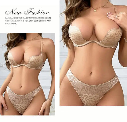 Logirlve Women's Fashion Backless Bra Set Invisible Push up Lingerie C/D Cup Deep U Plunge Brassiere Underwear Sexy Plunge Bra