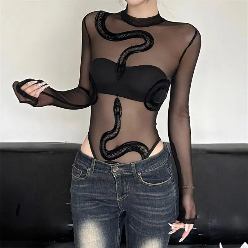 Womens Mesh Long Sleeve Bodysuit Round Neck Sheer Leotards Clothing Snake Bodysuit Top with Snap Crotch Clubwear Gifts