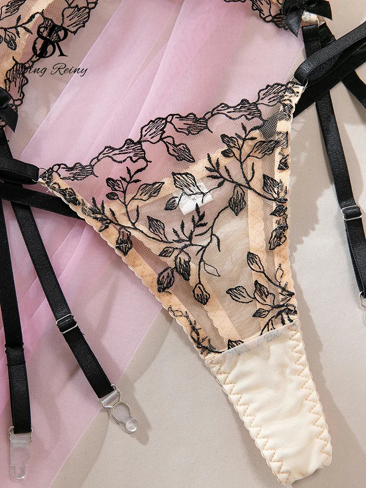 SINGREINY Floral Embroidery Underwear 3pcs Suits 2025 Female Strap Sheer Bra+Sheer Thongs Spliced Mesh Sexy Club Lingerie Sets