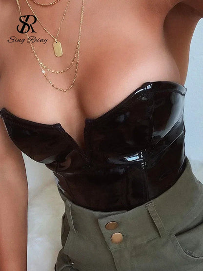 SINGREINY Strapless PU Leather Sexy Bodysuits Ladies Zipper Design Bodycon Top Fashion Streetwear Open Crotch Sensual Playsuits