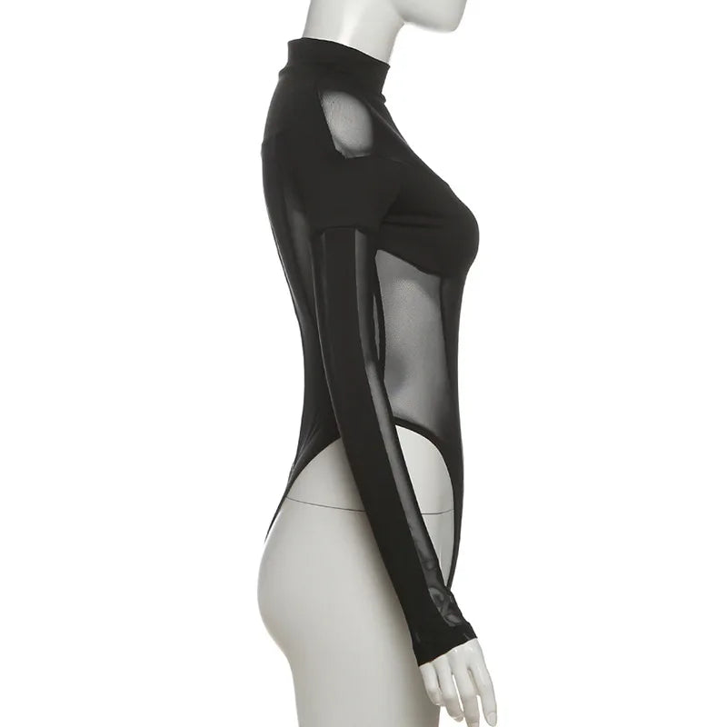 See Through Mesh Splicing Sexy Bodysuit Lingerie One-pieces Y2k Clothes Long Sleeve Body Feminino Hot Tops For Women Rave Outfit
