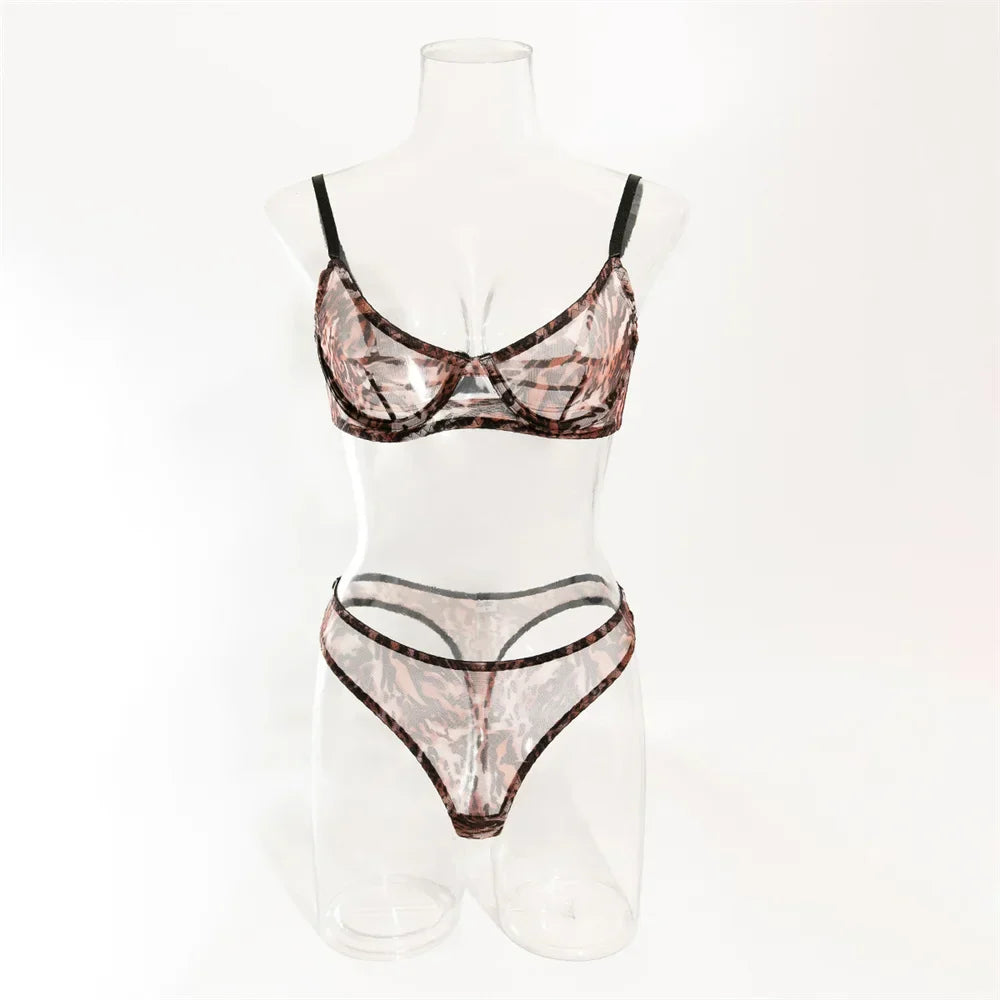 Krasapt Sexy Leopard Printing Lingerie 2Pcs Sets Ultrathin Mesh Transparent Bras And Panties Comfortable Intimate Undwear Set