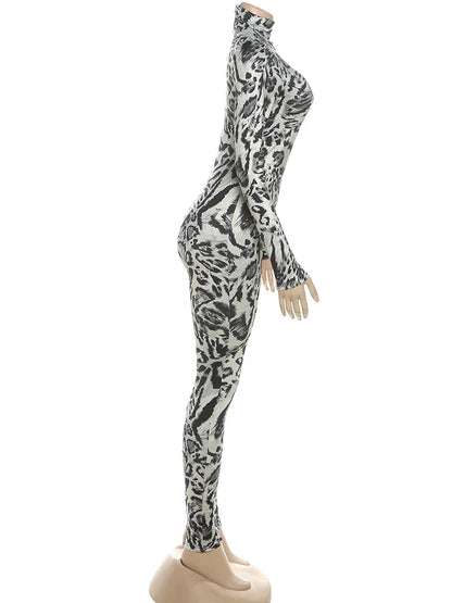 Sisterlinda Fitness Jumpsuit Women Sexy Zip Leopard Print Full Sleeve Streetwear Activity Workout Casual Tight Stretch Overalls