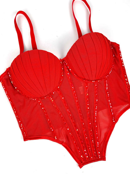 Sexy Mesh Design Camisole Vest Style Ladies Corset Tops with Chest Cushion Sparkling Diamond Decoration Fishbone Lingerie Tops