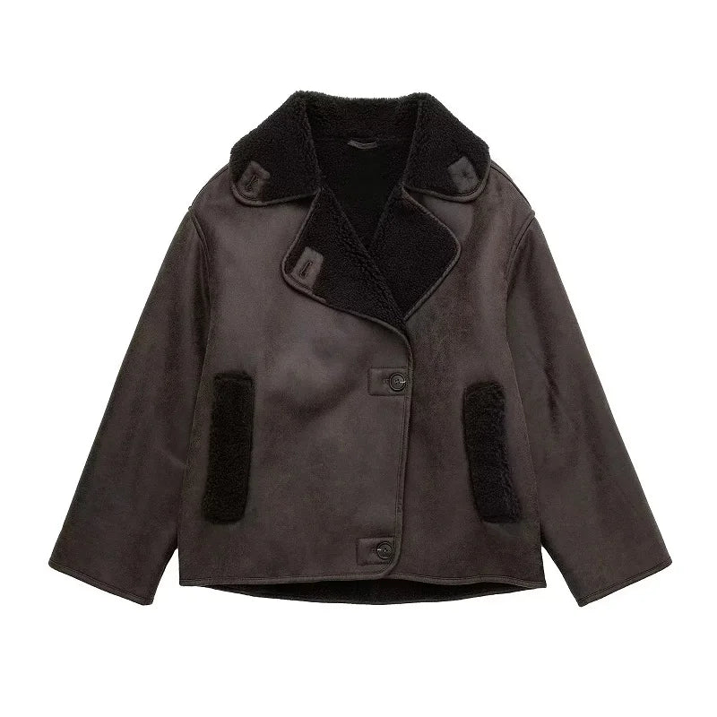 MUJER Faux Leather Jackets for Women Winter Warm Bomber Jacket Woman Long Sleeve Womens Coats Plush Oversized Women's Jackets