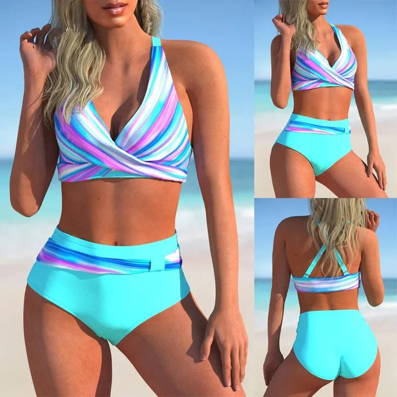 High Waist Triangle Swimsuit Bikini Set Fashionable Printed Cross Chest Bag Women's Swimwear Trendy Beachwear Ensemble