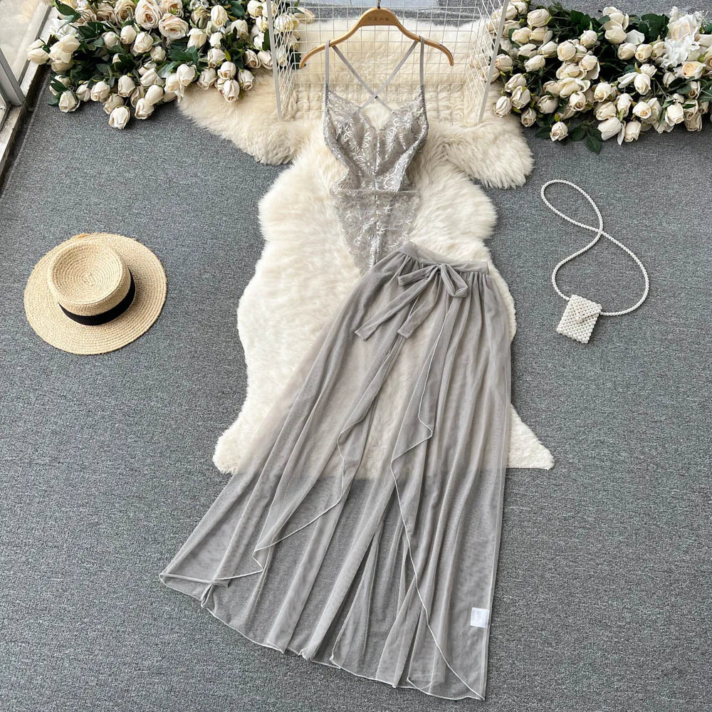 SINGREINY Lace Sensual Erotic Two Pieces Suits Camis Short Bodysuits Tops+Midi Long Mesh Chiffon Skirts Women Underwear Sets