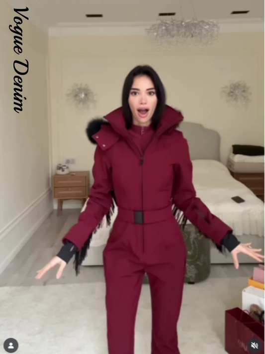 Casual Solid Tassels Women's Ski Suit Zippers Fur Hooded Slim High Waist Lady Jumpsuits 2025 Winter Fashion Female Warm Skiwear