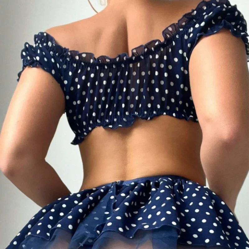 Polka Dot Shoulder Revealing Puffy Skirt 3-piece Sets Sexy Lace Top Skirt Thongs Underwear Suits Romantic Intimate Exotic Sets