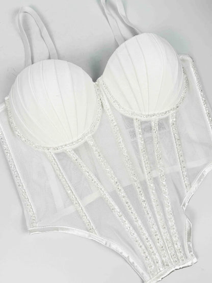 Sexy Mesh Design Camisole Vest Style Ladies Corset Tops with Chest Cushion Sparkling Diamond Decoration Fishbone Lingerie Tops