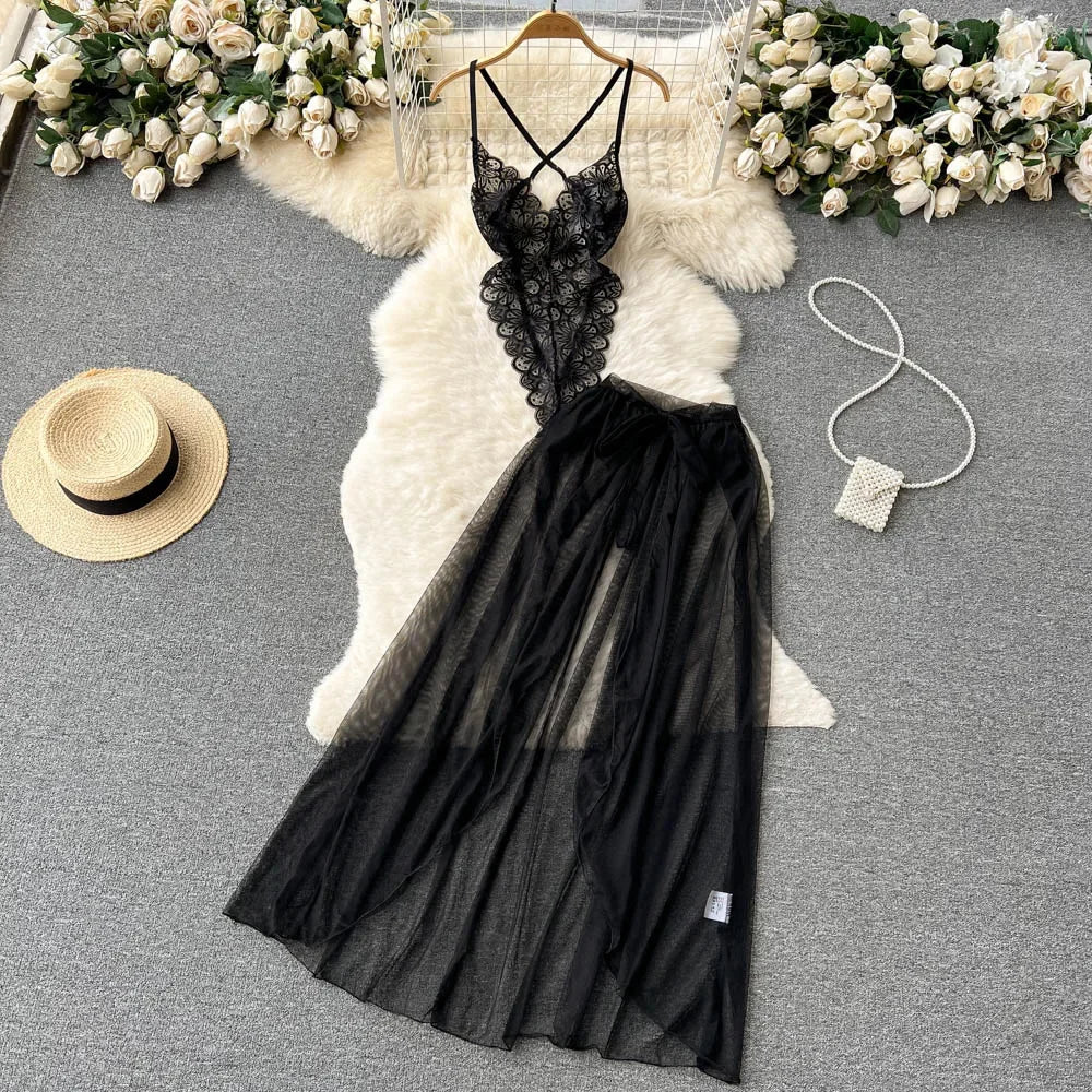 Sexy Lace Gauze Patchwork Strap Bodysuit Hollow Sleeveless Slim backless Women Erotic Lingerie Hotsweet Bow Night Maid Cosplay