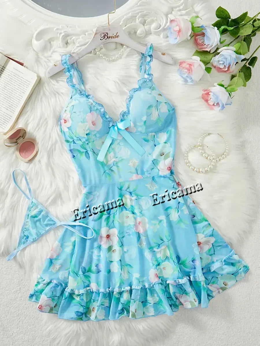 Women's Underwear Sexy Bra And Panties Sets Lace Ruffle Trim Lingerie Set Deep V Slip Dress Thong Women's Sexy Lingerie