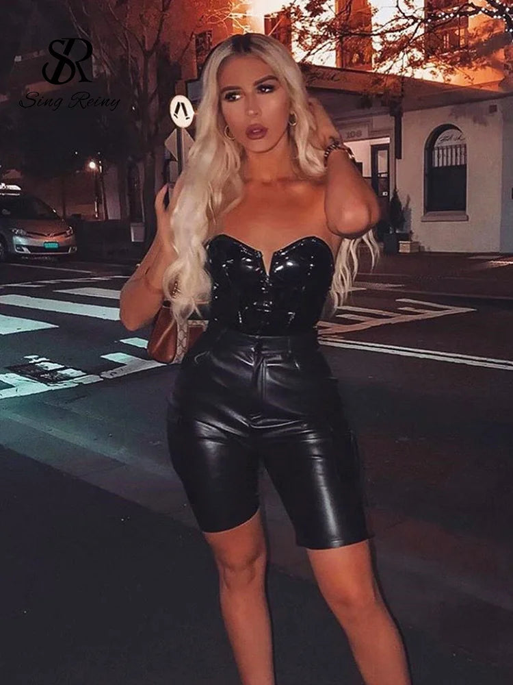 SINGREINY Strapless PU Leather Sexy Bodysuits Ladies Zipper Design Bodycon Top Fashion Streetwear Open Crotch Sensual Playsuits