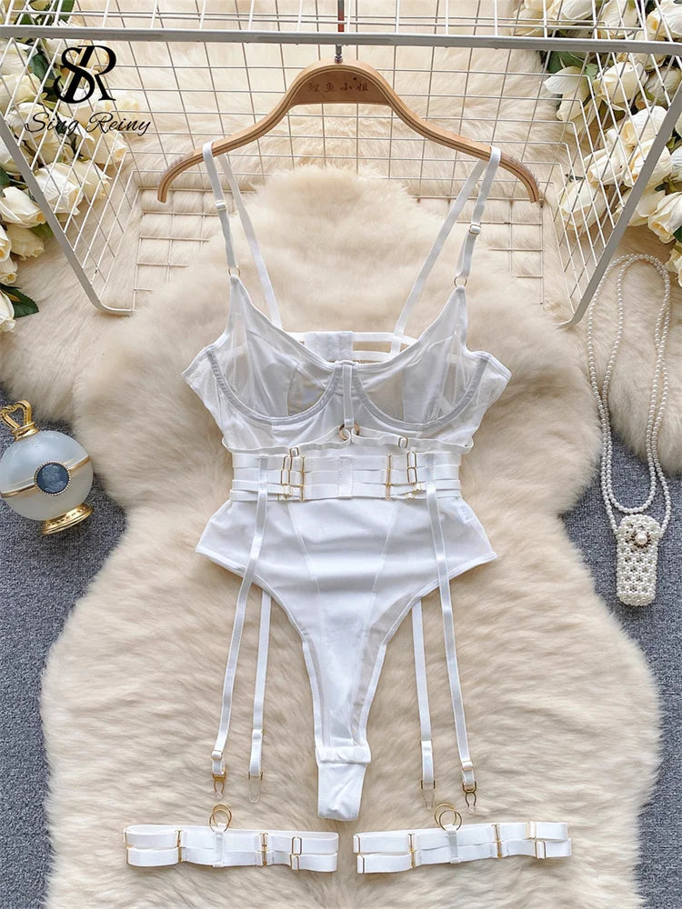 SINGREINY Women Underwear Erotic Playsuits Fashion Strap Backless Sheer Lingerie Nightwear Transpareant Hollow Out Sexy Bodysuit