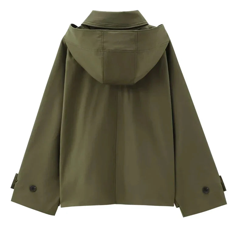 HXAO Female Windbreaker Outerwears Hood Cropped Jacket Women Solid Trench Coat Autumn Long Sleeve Demi-Season Casual Coats